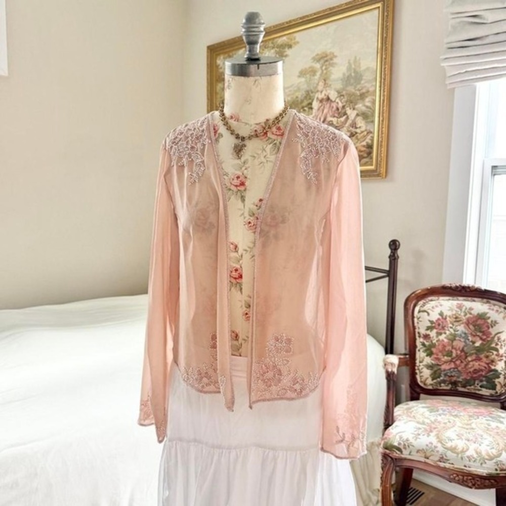 pink sheer‎ beaded cardigan scala size xl 90s